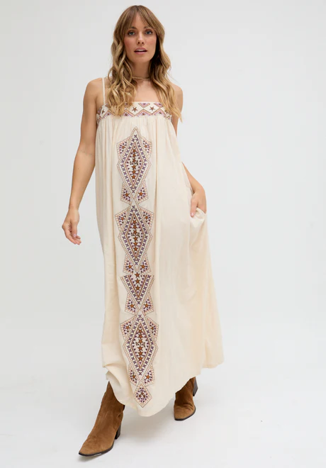 Cream & Sapphire Embroidered Maxi Dress with Thin Straps