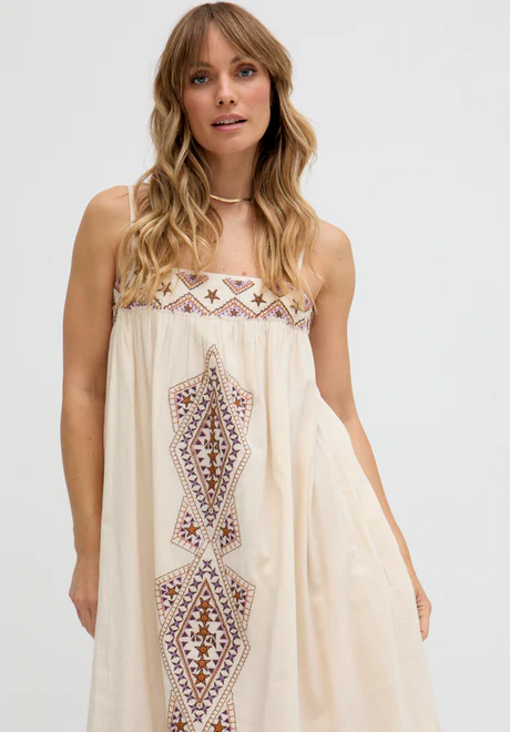 Cream & Sapphire Embroidered Maxi Dress with Thin Straps