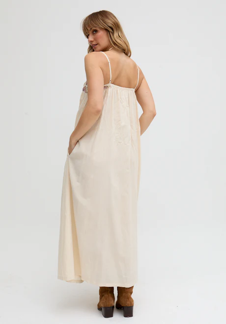 Cream & Sapphire Embroidered Maxi Dress with Thin Straps